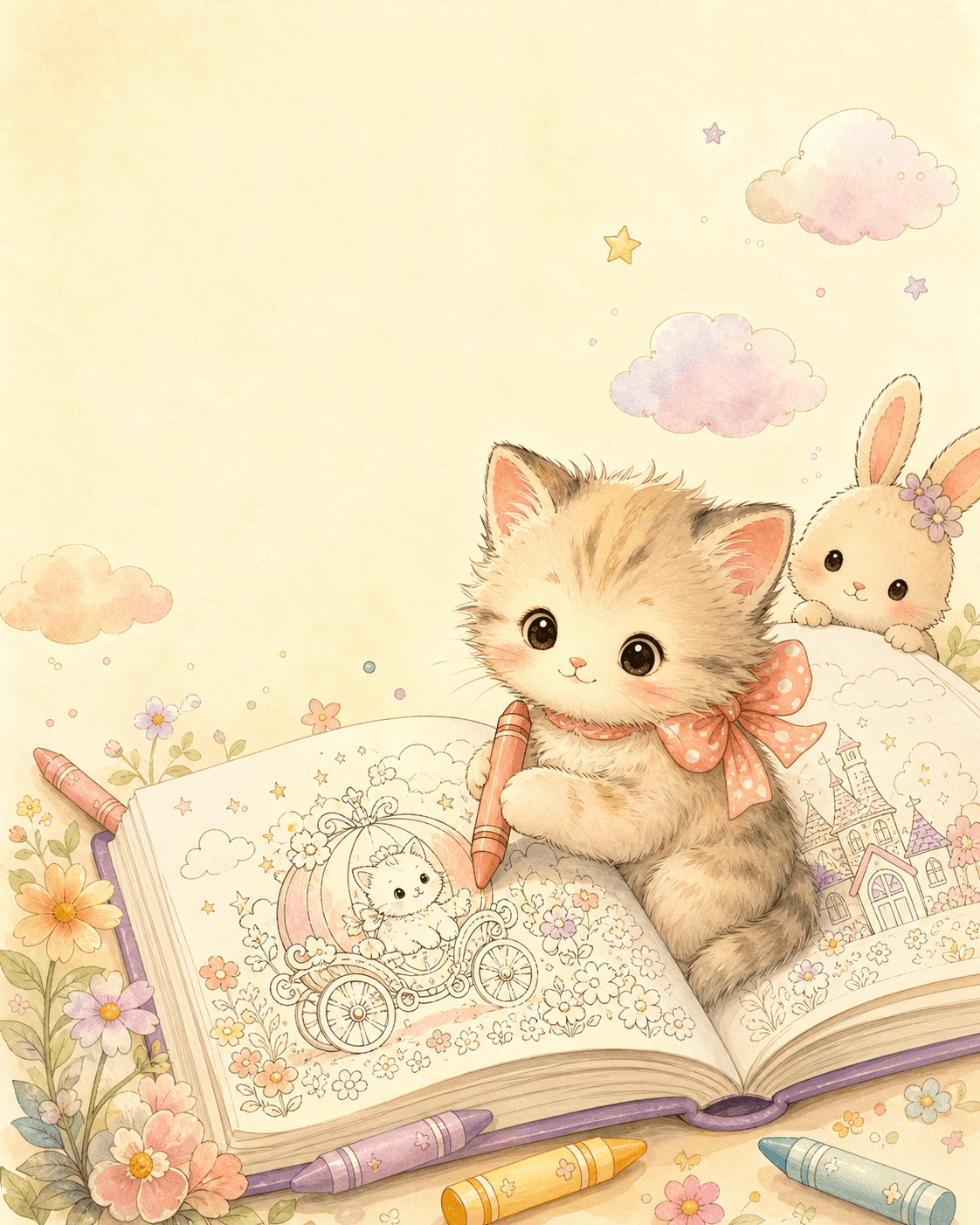 Gattino e coniglietto kawaii che colorano un libro misterioso
